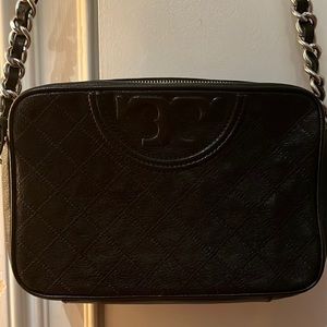 Quilted Tory Burch cross body with silver accents
